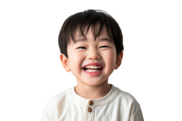 Studio portrait of a cute happy little boy with a beautiful smile isolated on transparent png background.