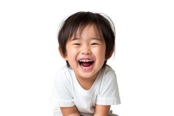 Studio portrait of a cute happy little boy with a beautiful smile isolated on transparent png background.