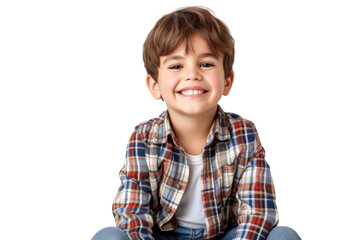Studio portrait of a cute happy little boy with a beautiful smile isolated on transparent png background.