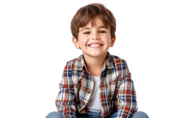Studio portrait of a cute happy little boy with a beautiful smile isolated on transparent png background.