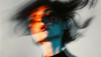 Woman portrait on grey background. Blurred face hand shape out of focus. Mysterious and sensitive female portrait in fashion art style - obrazy, fototapety, plakaty