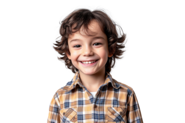 Studio portrait of a cute happy little boy with a beautiful smile isolated on transparent png background.