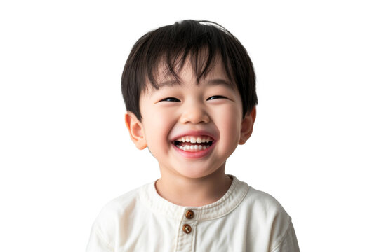 Studio portrait of a cute happy little boy with a beautiful smile isolated on transparent png background.