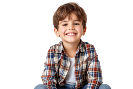 Studio portrait of a cute happy little boy with a beautiful smile isolated on transparent png background.