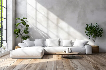 White couch sits against wall in sunny room with plants on either side of it.
