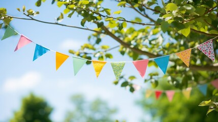 Colorful pennant string decoration in green tree foliage on blue sky, summer party background template banner with copy space - obrazy, fototapety, plakaty