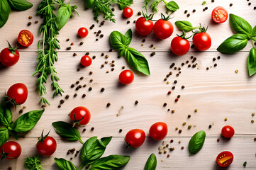 Fresh ripe tomatoes, herbs, spices on wooden table, flat lay. Kitchen vegetables poster, banner, food wallpaper. Cooking backdrop, home cooking concept. Copy ad text space. Generative Ai illustration