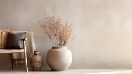 Creative composition of stylish living room interior with copy space, grey sofa, beige commode, clay vases and stylish personal accessories. Pastel neutral colours. Template