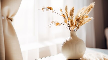 Creative composition of glamour living room interior design with home decoration, vase with dried flower and personal accessories. Close up. Template - obrazy, fototapety, plakaty