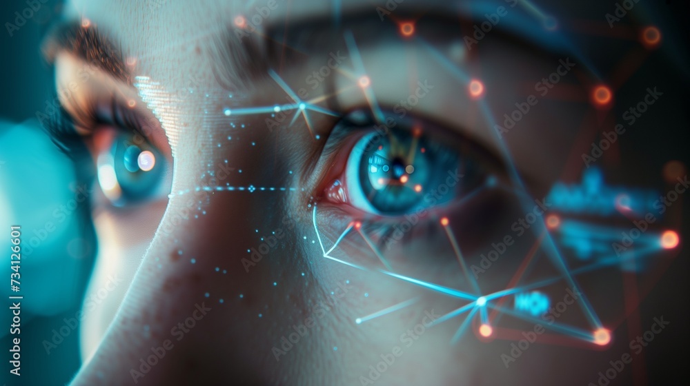 Poster biometric authentication, showcasing a person being scanned by advanced digital technology for secur