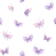 Watercolor illustration of pink and lilac butterflies. Seamless pattern, gentle, airy. For fabric, textiles, wallpaper, prints, scrap paper