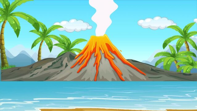 Volcano erupting 2D object animation. Hot lava & smoke flowing from crater flat cartoon 4K video, transparent alpha channel.Natural hazard 2D color animated scene
