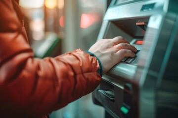 Man entering PIN code at ATM in a bank branch to make credit card payment. Credit debt concept.