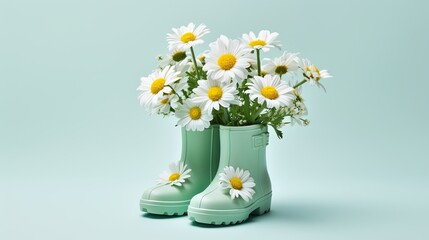 Daisies Blooming plant in green rubber boots. Springtime and gardening concept or florist shop and garden works. Front view isolated on light blue background with clipping path