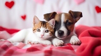 Fototapeta na wymiar Cute kitten and jack russell terrier puppy sleep together with red heart under warm blanket on a bed on festive background. Valentines day concept