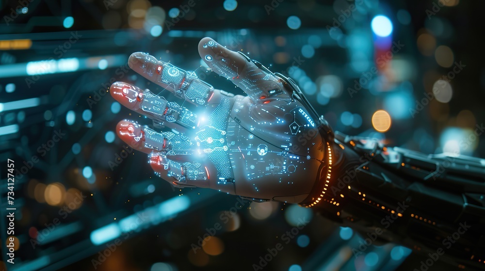 Aufkleber a robotic hand with a holographic projection, illustrating high-tech advancements in robotics and ho