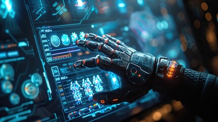 A robotic arm with illuminated joints manipulates a complex, futuristic computer interface, showcasing advanced technology.
