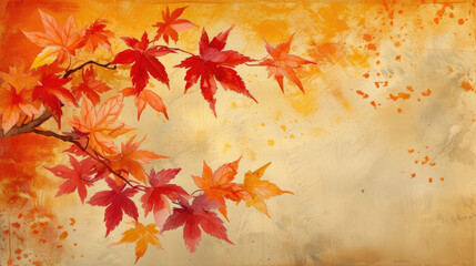 Red and Gold Fall Leaves on Textured Paper for Autumn Background.