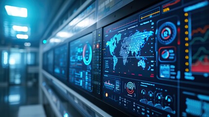 Obraz premium A sophisticated control room with high-tech screens displaying global network activity and various data analytics in real-time.
