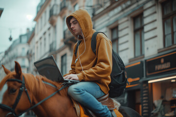 A young man multitasks by working on a laptop while riding a horse through an urban street, blending traditional transportation with modern technology. Digital nomad concept.