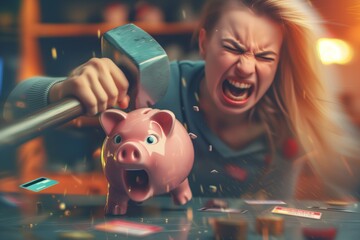 Screaming woman with a hammer is about to break a piggy bank which is running from her on a table with a blurred credit card in the background, funny illustration