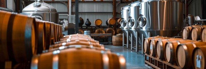 Artisanal Craft Brewery Interior with Wooden Barrels and Steel Tanks