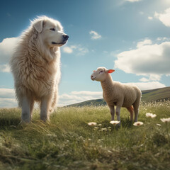 shepherd dog guards a sheep