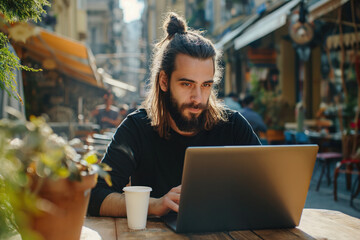 A focused man with a man bun hairstyle works on his laptop at a sunlit outdoor cafe table, with a coffee cup beside him. Digital nomad concept.