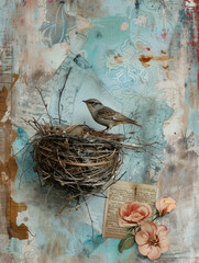 Vintage Artwork with Bird, Nest, and Floral Elements