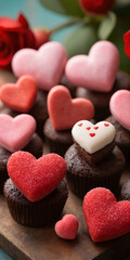Obraz premium Chocolate cupcakes adorned with heart decorations on a wooden table.