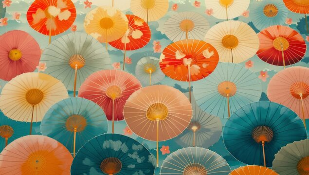 a colorful design of many umbrellas standing next to each other Generative AI