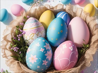 Background with colored chicken eggs. Background for Easter.