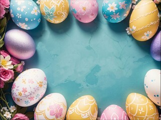 Background with colored chicken eggs. Background for Easter.