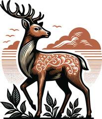 a deer with big horn, vector illustration isolated on a transparent background