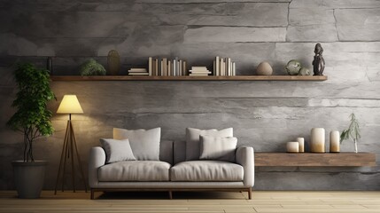 Grey stone wall interior room with wooden decor, bookshelf, sofa and vase of plant, middle table, carpet, home decoration