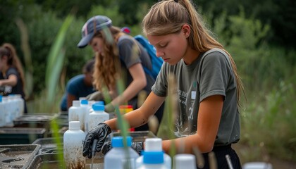 Hands-On Environmental Science Activities, environmental education through hands-on science activities with an image of students conducting experiments or field studies, AI