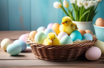 Basket with colorful pastel eggs in little fluffy chicks on a wooden kitchen countertop. Spring Easter composition. Space for text or design.