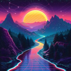 Vibrant Synthwave Aesthetic with Neon Nature Landscape