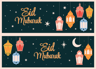 Eid Mubarak vector media banner with Arabic traditional eastern hanging lanterns garland illustration. Muslim lamps art. Symbols of Ramadan Kareem. Islamic background with stars in cartoon style