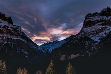 Sunrise in the mountains in Grindelwald of Switzerland