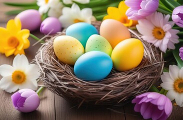 Colorful Easter eggs in a nest on a background of spring flowers