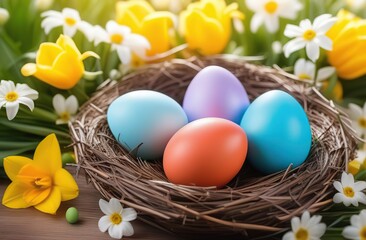 Fototapeta na wymiar Colorful Easter eggs in a nest on a background of spring flowers