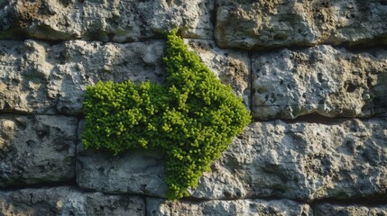 Arrow made of moss on stone wall background. Direction symbol