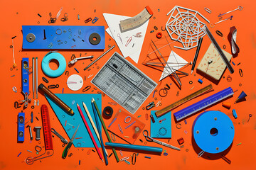 an assortment of scholastic supplies on an orange bac
