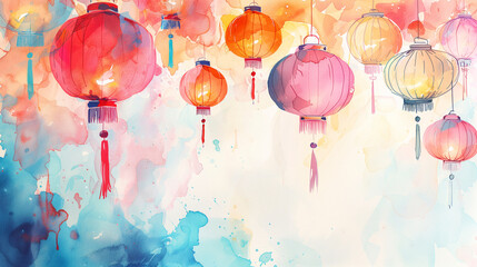 chinese lantern festival banner with copy space. Watercolor style illustration with color spots. round lamps, decorated with tassels - obrazy, fototapety, plakaty