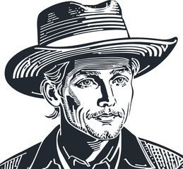 Cowboy with hat, engraving style, vector illustration