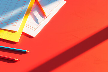 papers and pencils on a red surface in the style of m - obrazy, fototapety, plakaty