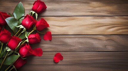 Naklejka na ściany i meble Hearts and a bouquet of red roses on wooden board, Valentines Day background