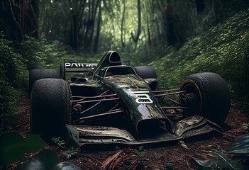 abandoned formula 1 car in overgrown forest, Generative AI