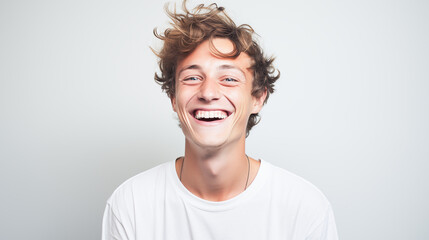 portrait of laughing man with big tooth gap, short hair and freckles, - obrazy, fototapety, plakaty